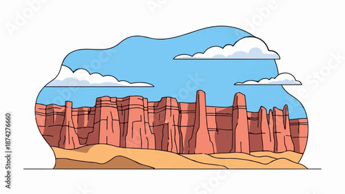 Stylized desert mesa landscape with red rock formations under a blue sky