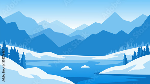 Vector illustration of a serene winter mountain landscape with a frozen lake and snow-covered trees, evoking tranquility and natural beauty