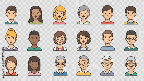 Diverse group of cartoon people avatars for profiles.