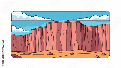 Stylized desert landscape with towering red rock formations under a blue sky