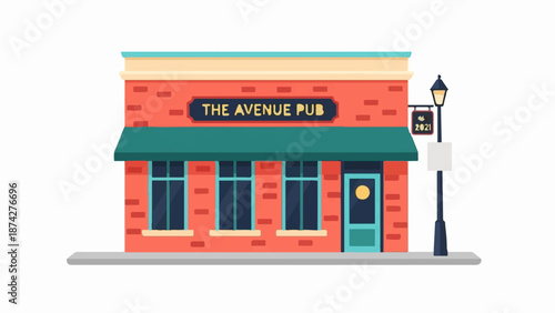 Stylized red brick pub building with teal awning, door, and windows, on a sidewalk