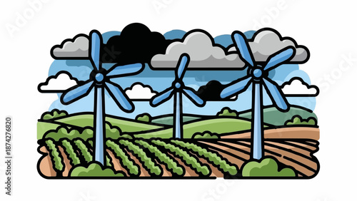 Stylized depiction of wind turbines in a rural landscape with fields and clouds