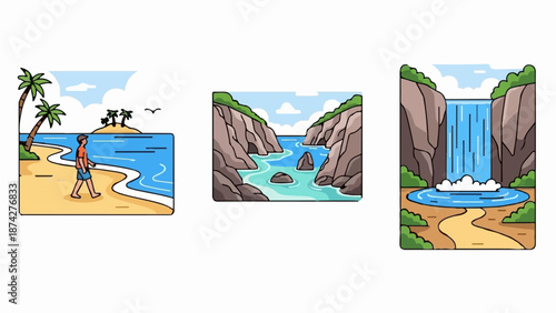 Stylized depictions of coastal and natural water scenes