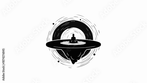 Meditative figure floats in a cosmic vortex, finding inner peace amidst swirling energy.