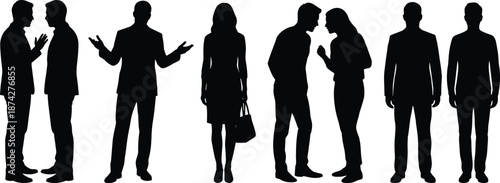 Business people silhouettes set, men women communication poses, professional standing figures, black isolated corporate lifestyle illustration