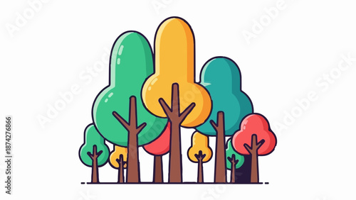 Stylized trees in vibrant green, yellow, red, and teal hues on a white background