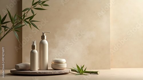 Neutral Skincare Bottles on Tray  Spa-Inspired Cosmetic Mockup with Bamboo and Mist Background
