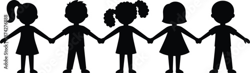 Children silhouettes holding hands together, happy boys and girls standing in unity isolated on white background studio cutout illustration