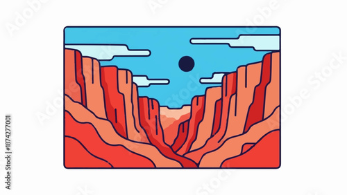 Stylized depiction of a vast canyon under a bright blue sky with clouds and a dark circle