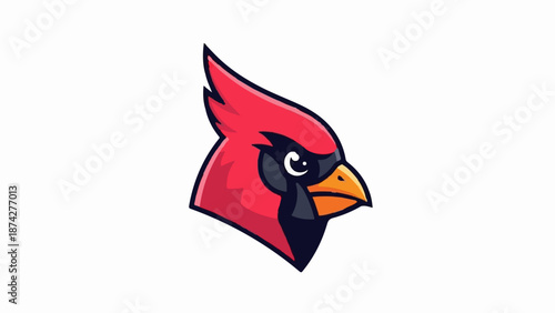 Stylized red cardinal head with striking black and orange features