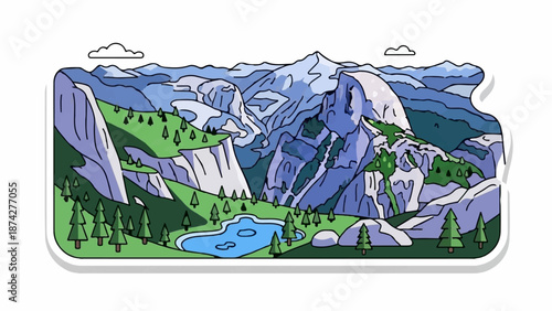 Stylized mountain landscape with lake and evergreen trees
