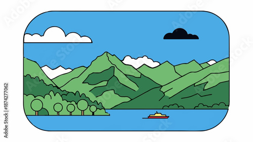 Stylized depiction of a serene mountain lake with a single boat under a bright blue sky