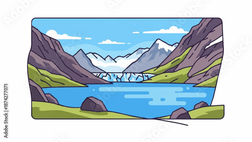Stylized depiction of a serene alpine lake with a glacier backdrop