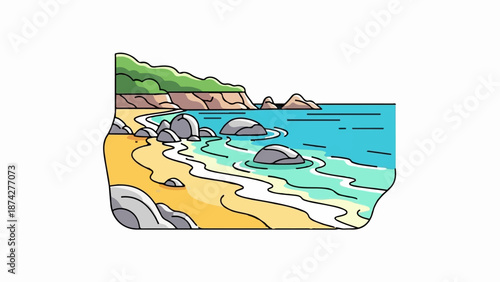 Stylized depiction of a serene coastline with gentle waves, sandy beach, and lush green hills