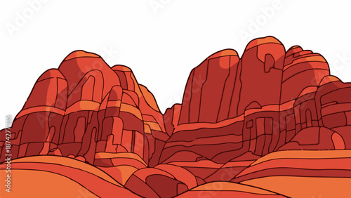 Stylized red rock formations with layered textures, suggesting a desert canyon landscape