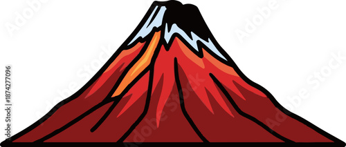 Stylized depiction of a red volcano with a snow-capped peak against a white background