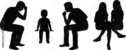 Family sitting silhouettes collection, parents children seated poses, black isolated human figures, emotional lifestyle concept illustration