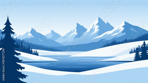 Serene Winter Mountain Lake Landscape Vector Illustration