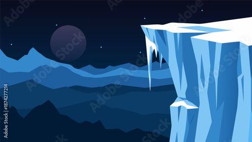 Vector illustration of a dramatic icy cliff overlooking a cold, moonlit mountain landscape at night