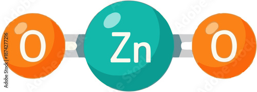 Stylized representation of a zinc oxide molecule with 'Zn' and 'O' labels