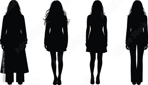 Female silhouettes standing in different outfits, elegant women figures from back view isolated on white background studio cutout illustration