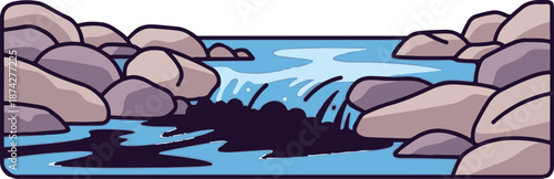 Stylized representation of water flowing over rocks in a stream, with a dark pool below