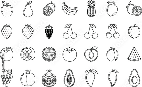 Fresh fruit line icons featuring apple banana strawberry citrus and exotic tropical harvest symbols.