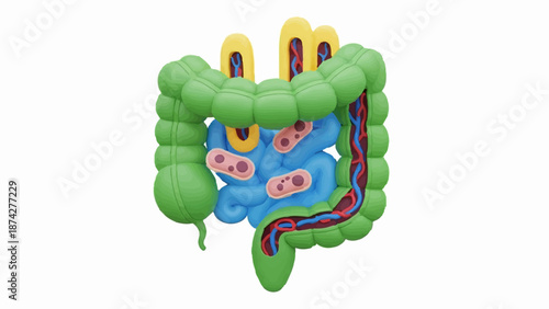 Stylized representation of the human digestive tract's large intestine, showing intestinal flora
