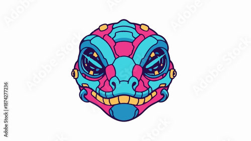 Stylized reptilian face with pixelated design in pink, blue, and yellow