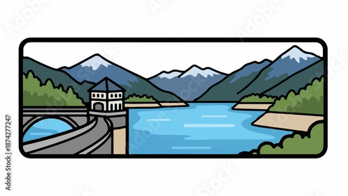 Stylized reservoir with dam, bridge, and mountains in background