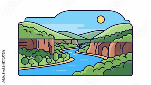 Stylized river carving through a canyon under a sunny sky with rolling hills