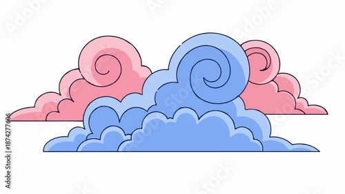 Stylized pink and blue clouds with swirling patterns and dark outlines
