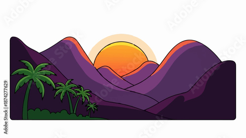 Stylized sunset over purple mountains with palm trees in foreground