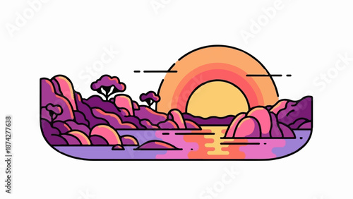Stylized sunset over rocky coast with colorful water and sparse trees