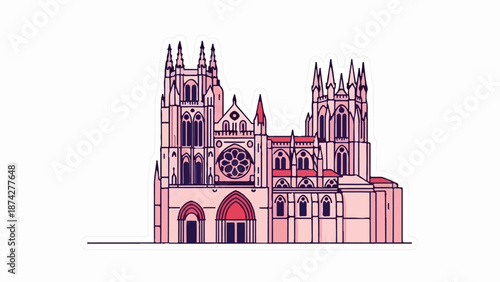 Stylized pink gothic cathedral with spires and rose window