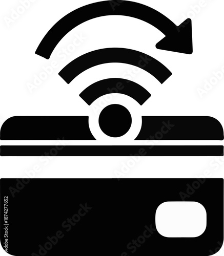 Stylized icon depicting a credit card with wireless signal and circular arrow, symbolizing contactless payment