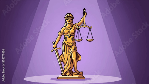 Stylized golden statue of Justice, blindfolded, holding scales and sword