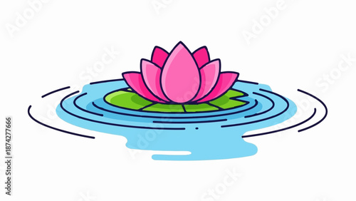 Stylized pink lotus flower and leaves floating serenely on rippling blue water