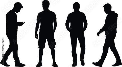Male standing silhouettes set, casual men poses walking texting posture, black isolated human figures, modern lifestyle illustration
