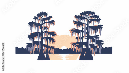 Stylized sunset over tranquil water with cypress trees adorned with Spanish moss