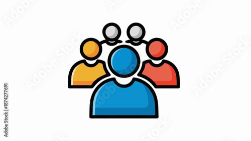 Stylized icon of four connected people figures, two grey circles above