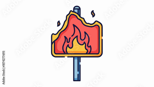 Stylized icon of a sign on a pole engulfed in cartoonish flames and smoke
