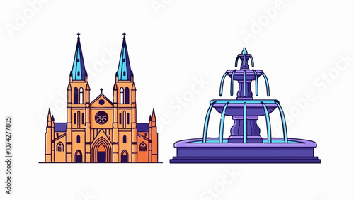 Stylized pixel art of a grand cathedral and a tiered fountain
