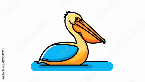 Stylized illustration of a yellow pelican with a blue body and orange beak floating on water