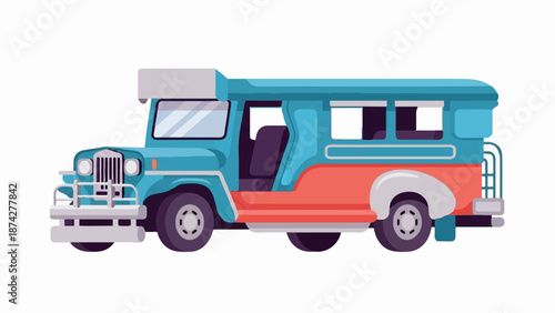 Stylized pixel art of a turquoise and coral transport vehicle