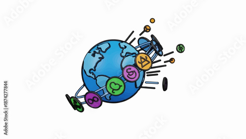 Stylized globe with colorful circular symbols and black lines emanating outward