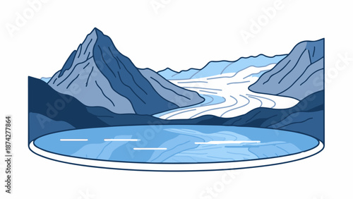 Stylized glacial landscape with a lake and snow-capped mountains
