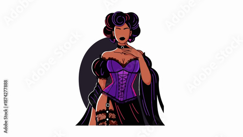 Stylized pixel art portrait of a dark-skinned person with elaborate purple and black attire