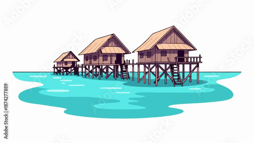 Stylized pixel art of three stilted huts on turquoise water