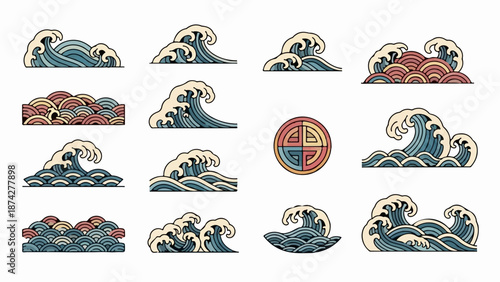 Stylized pixel art waves and a circular emblem in vintage colors
